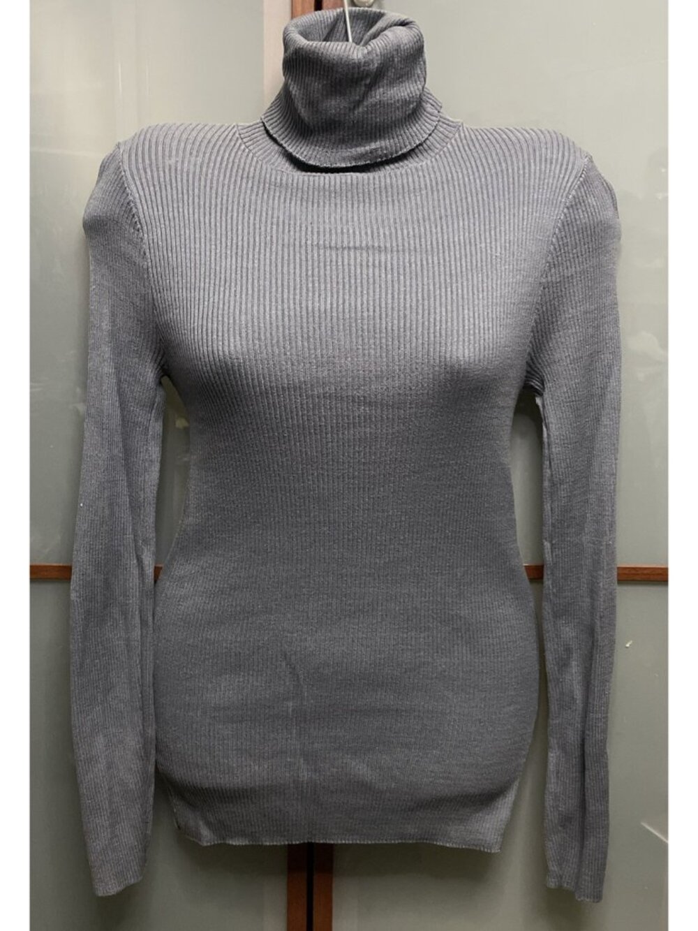 Pierre Cardin Vintage 80s Grey Ribbed Turtleneck Longsleeve Sweater Top Stretch
